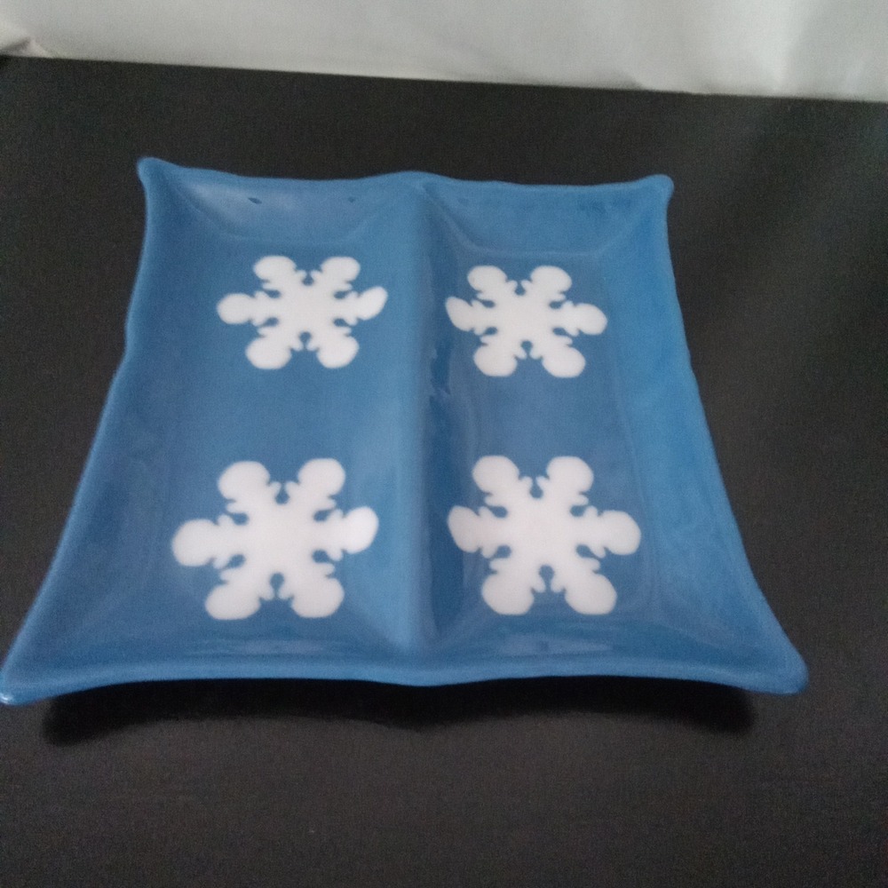 Blue Glass Snowflake Divided Serving‎ Dish Winter Holiday Rectangular Tray 9.5in